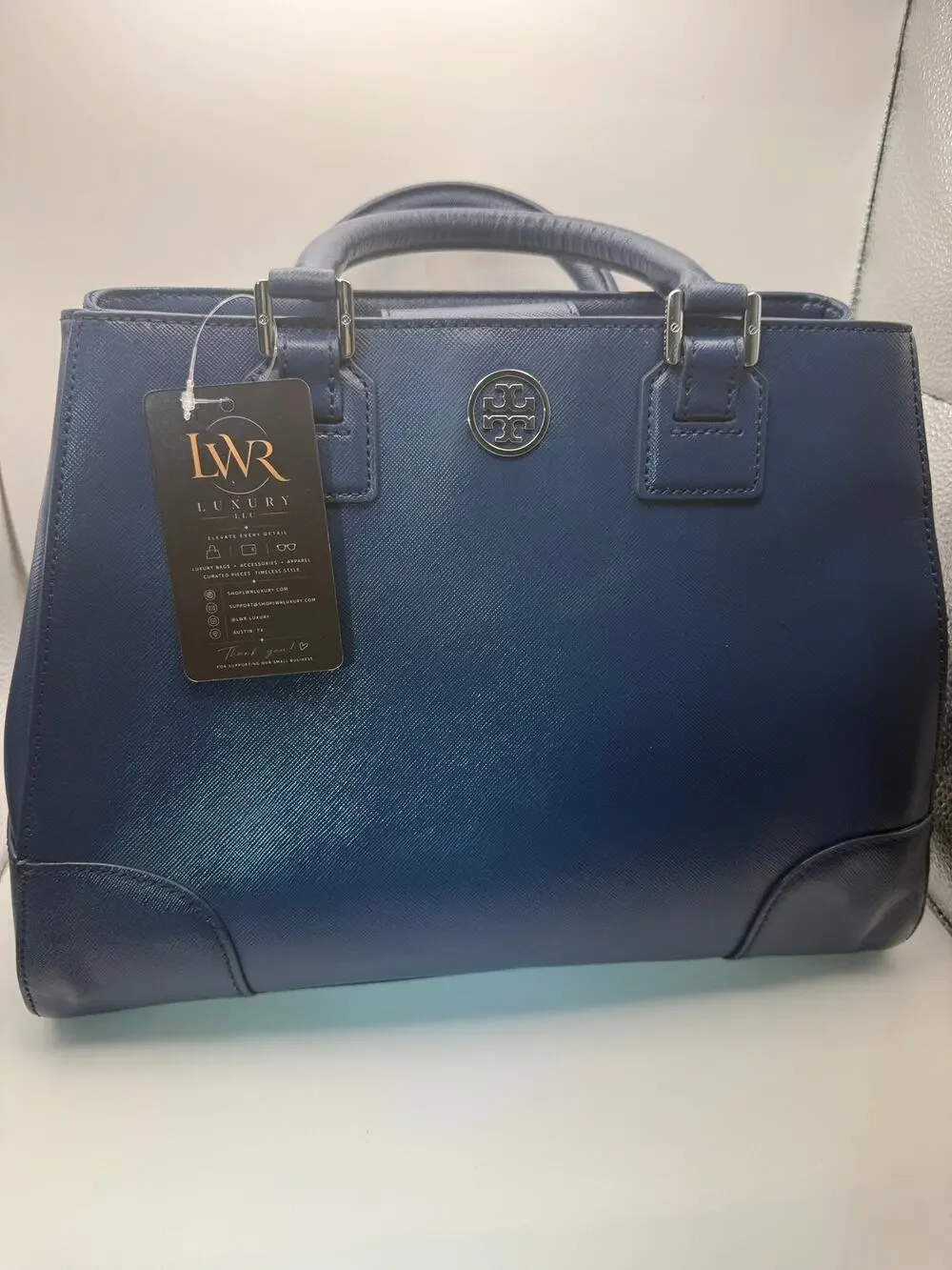 Tory Burch Robinson Double-Zip Tote | Navy Blue Saffiano Leather | Medium